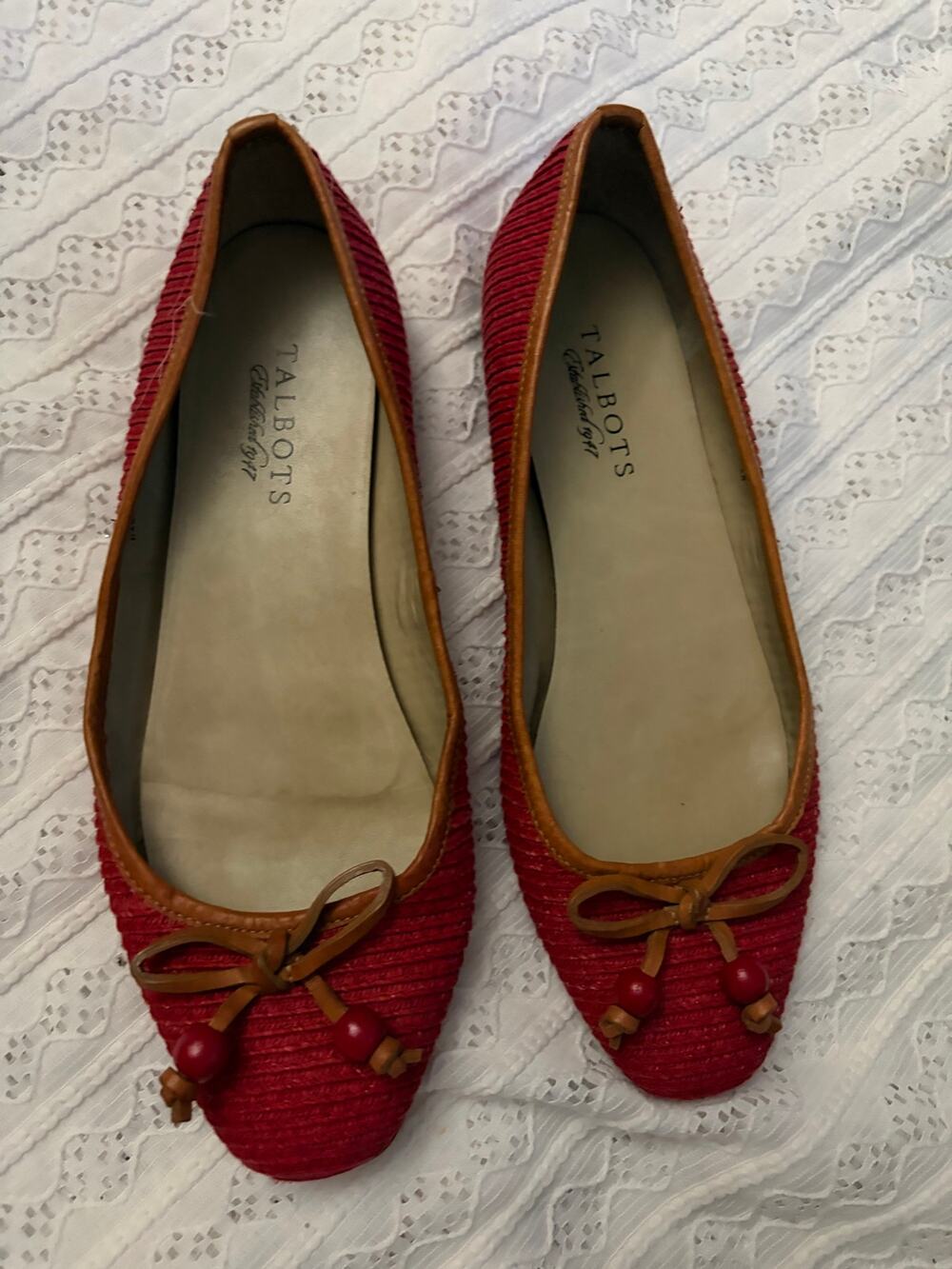 Talbots Red Woven Ballet Flats Bow Beaded Detail Genuine Leather Sole 8B